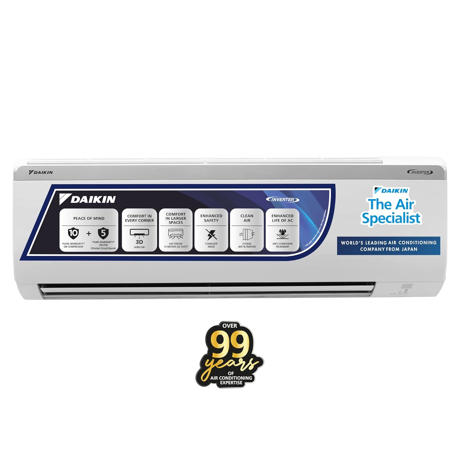 Daikin 1 Ton 5 Star Inverter Split AC – FTKF35U, PCB Gold Coating, PM 0.1 Filter
